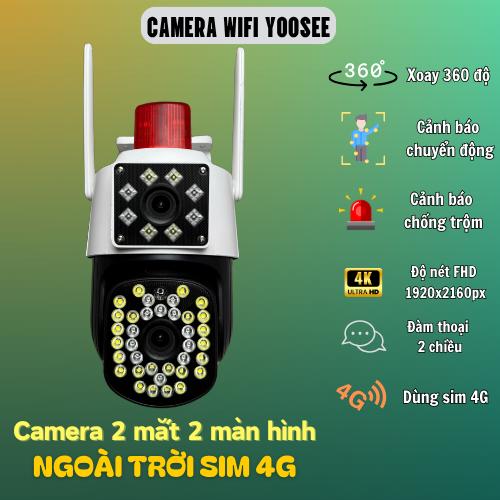 Camera Yoosee Ngoài trời 4G 2 Mắt Xem 2 Màn Hình Cùng Lúc Xoay 330 Độ, Xem Đêm Có Màu, Hỗ Trợ Đàm Thoại 2 Chiều