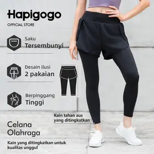 [Hapigogo] celana sweatpants  Legging High Waist Fake Two-piece Yoga Pants 2 in 1 Outdoor Fake Two-piece  legging sport olahraga