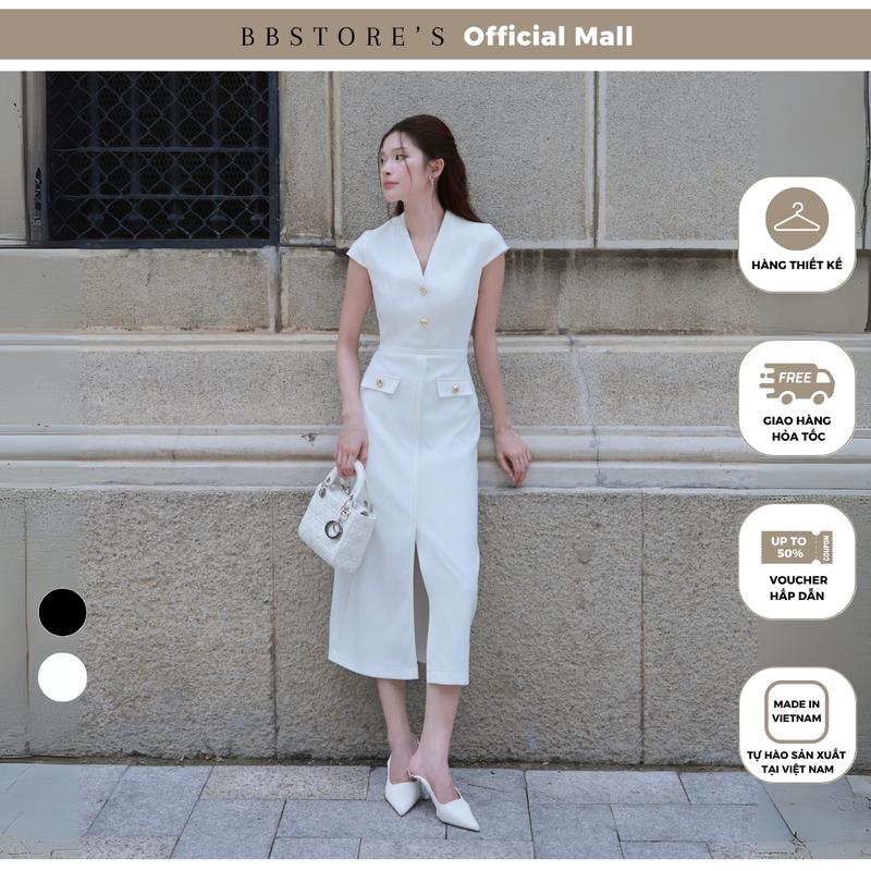 [BBSTORE'S] Đầm Suông Công Sở Cotton Cổ Tim Tay Cap Form Suông Nút Kim Loại - D4490B