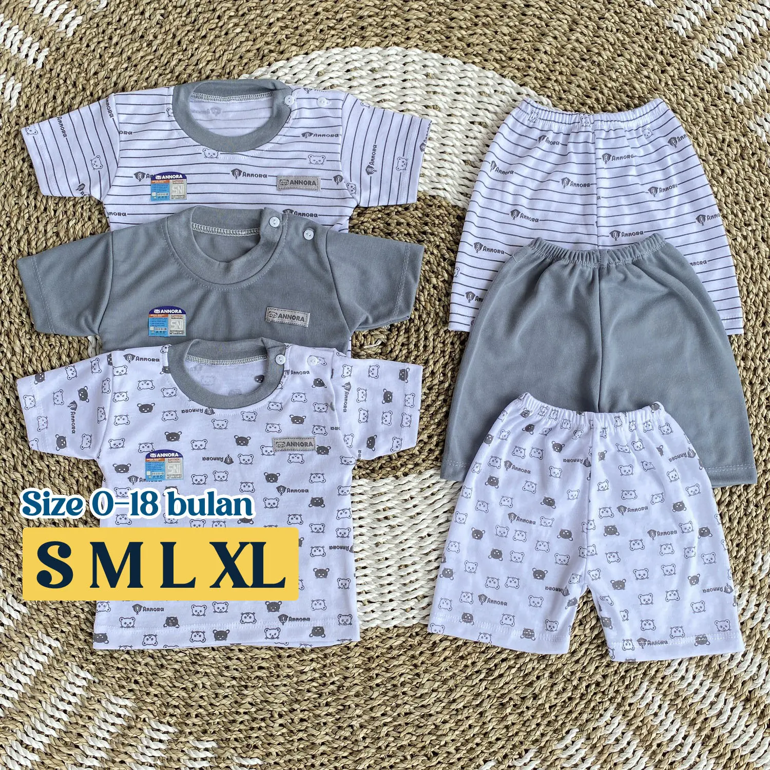 ANNORA - 3 Setelan Bayi 0-18 Bulan S M L XL Baju Tidur Piyama Bayi Pendek Seri Warna Abu Bear
