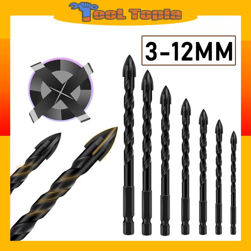 Set Mata Gerudi Jubin, Reka Bentuk Silang Hex Serbaguna, Tersedia dalam saiz 3 / 4/5/6mm dan 6/8/10 / 12mm, Sesuai untuk Bata, Kaca, Seramik dan Konkrit, Bit Segitiga Aloi Keras, Didatangkan dengan Aksesori Alat