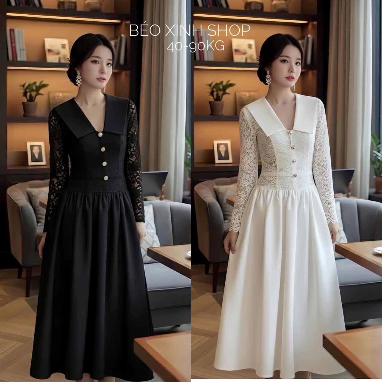 Váy Dự Tiệc Tay Dài Cổ V Phối Cúc Tiểu Thư (Vải Ren Hoa 2 Lớp) Chân váy vải Chéo Cao Cấp Thanh Lịch Bigsize Từ 40 - 90Kg Thời Trang Nữ Béo Xinh Shop - A.1672