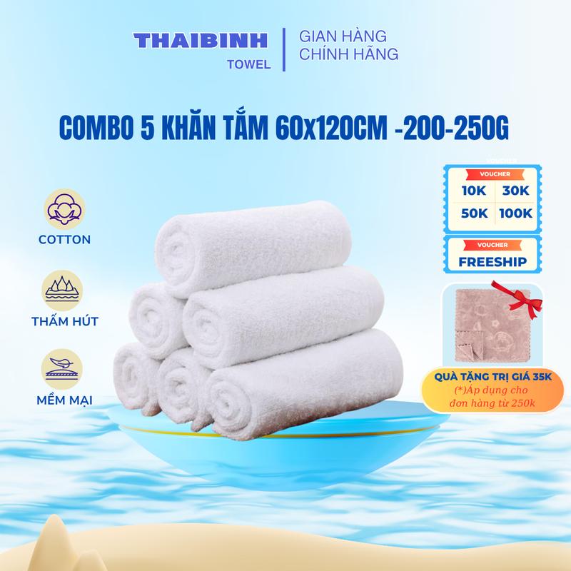 ThaiBinh Towel Combo 5 Khăn Tắm Trắng 60x120cm 200-250g & Màu 60x120cm 250g Chất Liệu Cotton Mềm Mịn Thấm Hút Nước Cho Nhà Nghỉ Spa