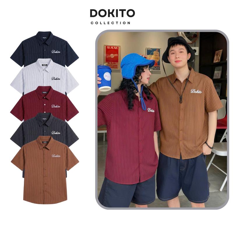 Áo Sơ Mi Kẻ Sọc ngắn Tay Nam Nữ Summer Vibes Local Brand DOKITO Họa Tiết Thêu From Rộng Oversize