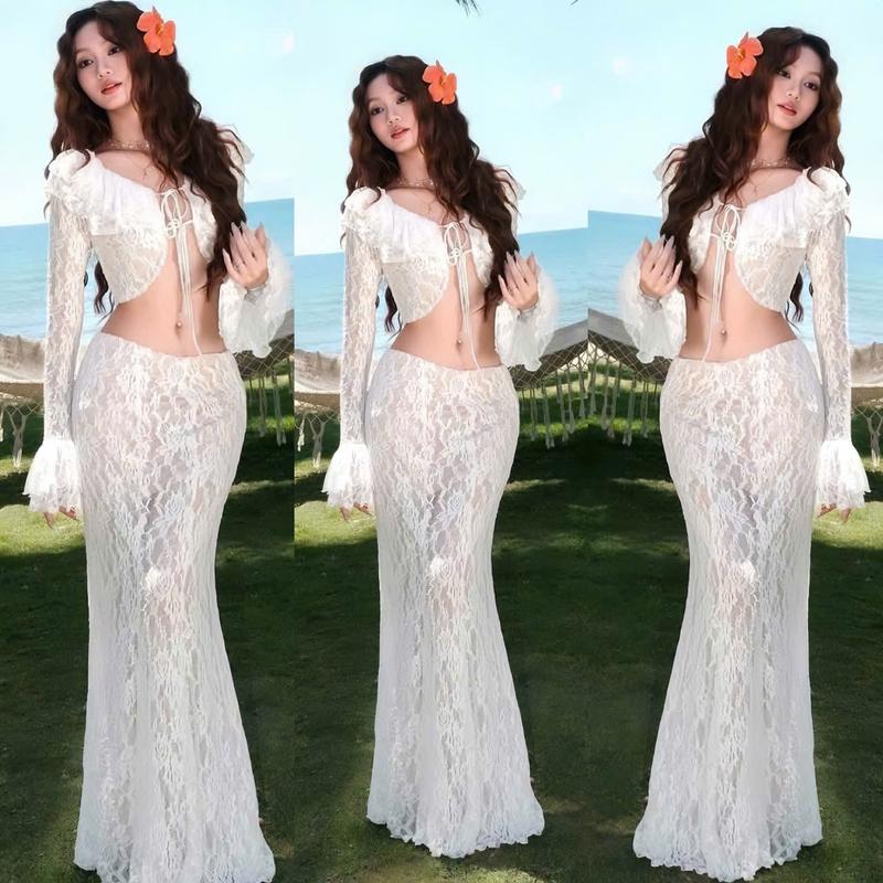 SET VÁY NỮ ĐI BIỂN CHẤT REN HOA 2 LỚP PHỐI BÈO thiết kế cổ V cột nơ [có mút] mix chân váy dáng dài tôn dáng sang chảnh phù hợp cho các nàng đi biển đi du lịch.women top