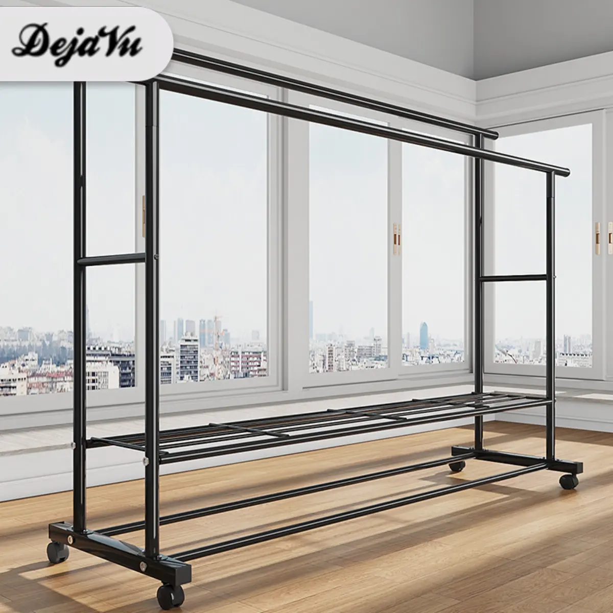 Dejavu Rak Gantungan Baju Stand Hanger Double Gantungan Portable Baju Rak Pakaian Jemuran Baju Hanger Besi Dengan 4 Roda HSH135