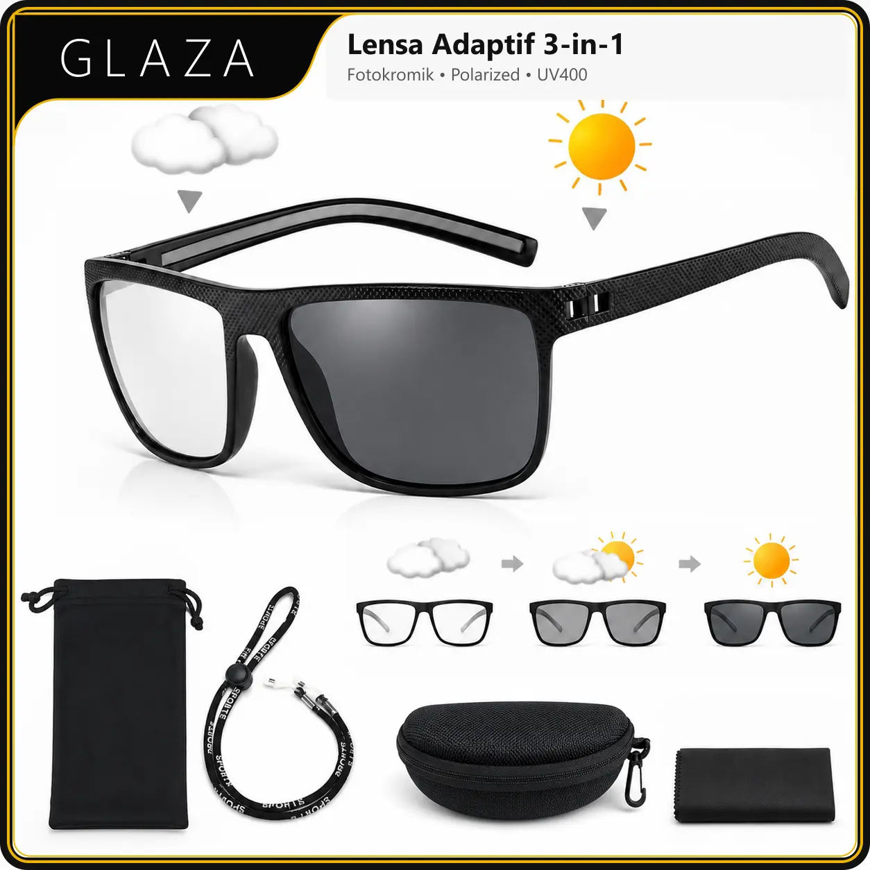 LensaFotokromik Terpolarisasi Anti UV400.Kacamata Hitam Pria Driving Anti Silau.Cocok Hiking Fishing Olahraga Outdoor,Unisex,Gava Nodern,Fashion