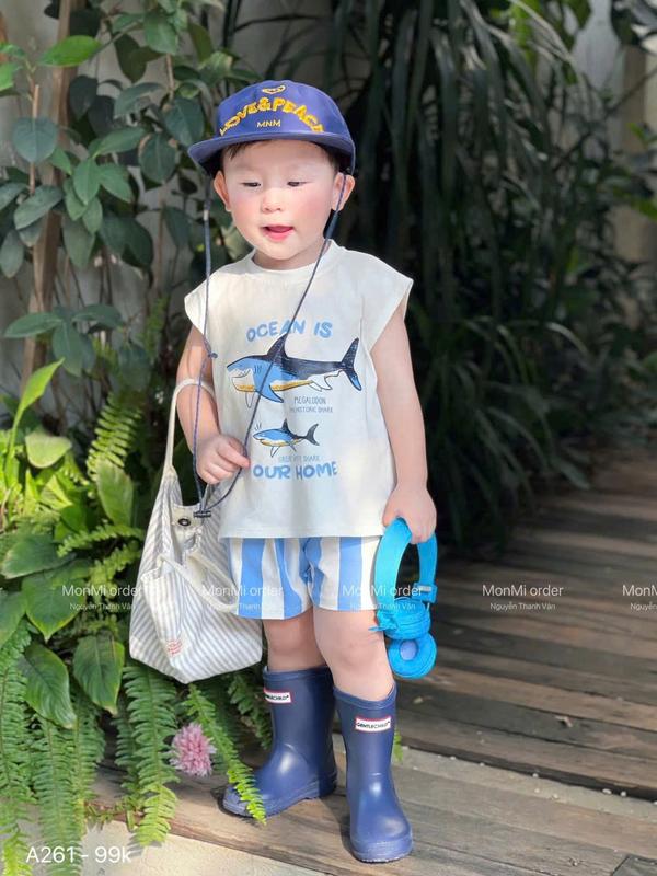 sét bộ cho bé họa tiết cá mập xanh chất liệu cotton 8-20kg