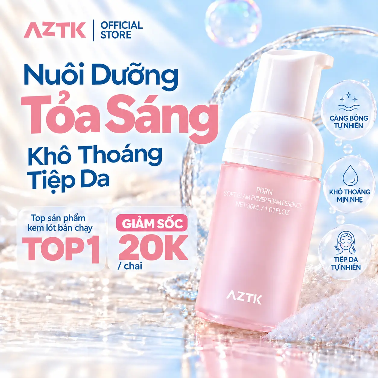 【MỚI RA MẮT】AZTK Kem lót dạng bọt cấp ẩm khóa nền- kem lót kiêm mặt nạ dưỡng ẩm dịu nhẹ, làm nền da mịn sáng, mask sủi bọt trước makeup dưỡng da