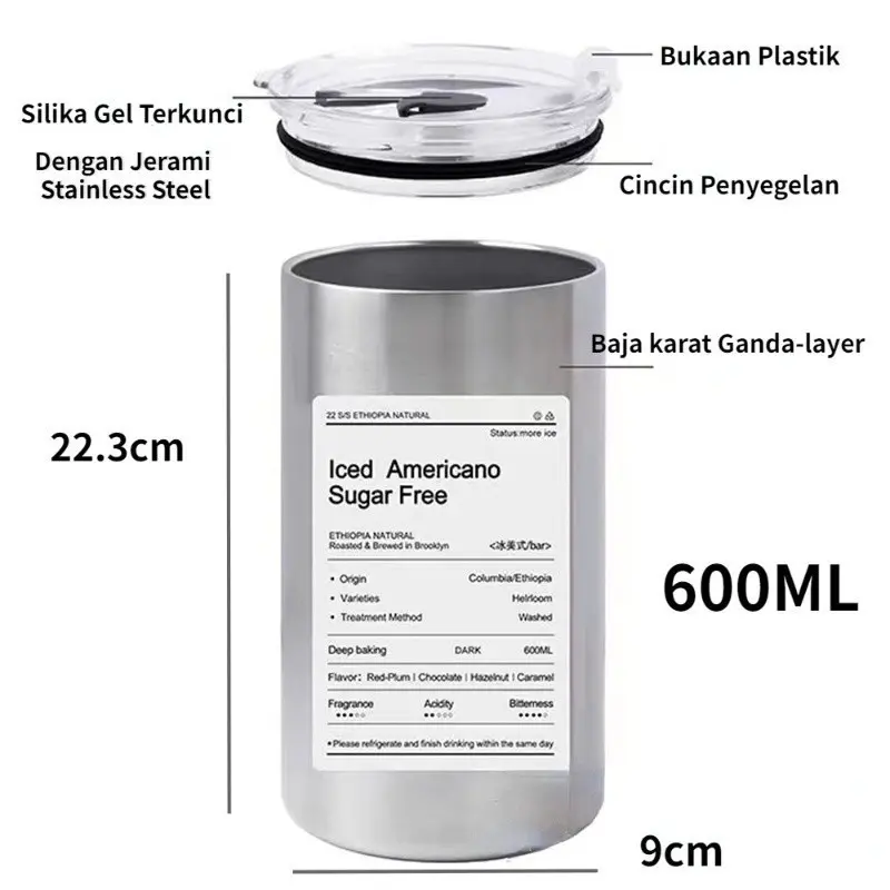 Cangkir Tumbler Mug 600ml Stainlees Free Sedotan Stainless Anti Tumpah Dan Tahan Lama Baja Gelas 5