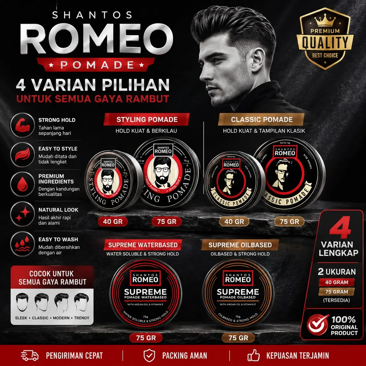 Shantos Romeo Pomade Rambut Pria - Styling Classic Pomade 40gr 75gr - Minyak Rambut Supreme Waterbased Oilbased