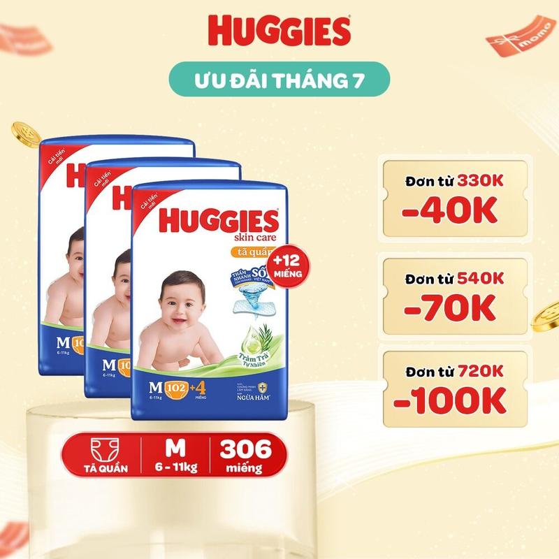 Combo 3 gói Tã quần Huggies Skincare Mega Jumbo với tràm trà dịu da Size M106/L96+8/XL84+4/XXL76+4