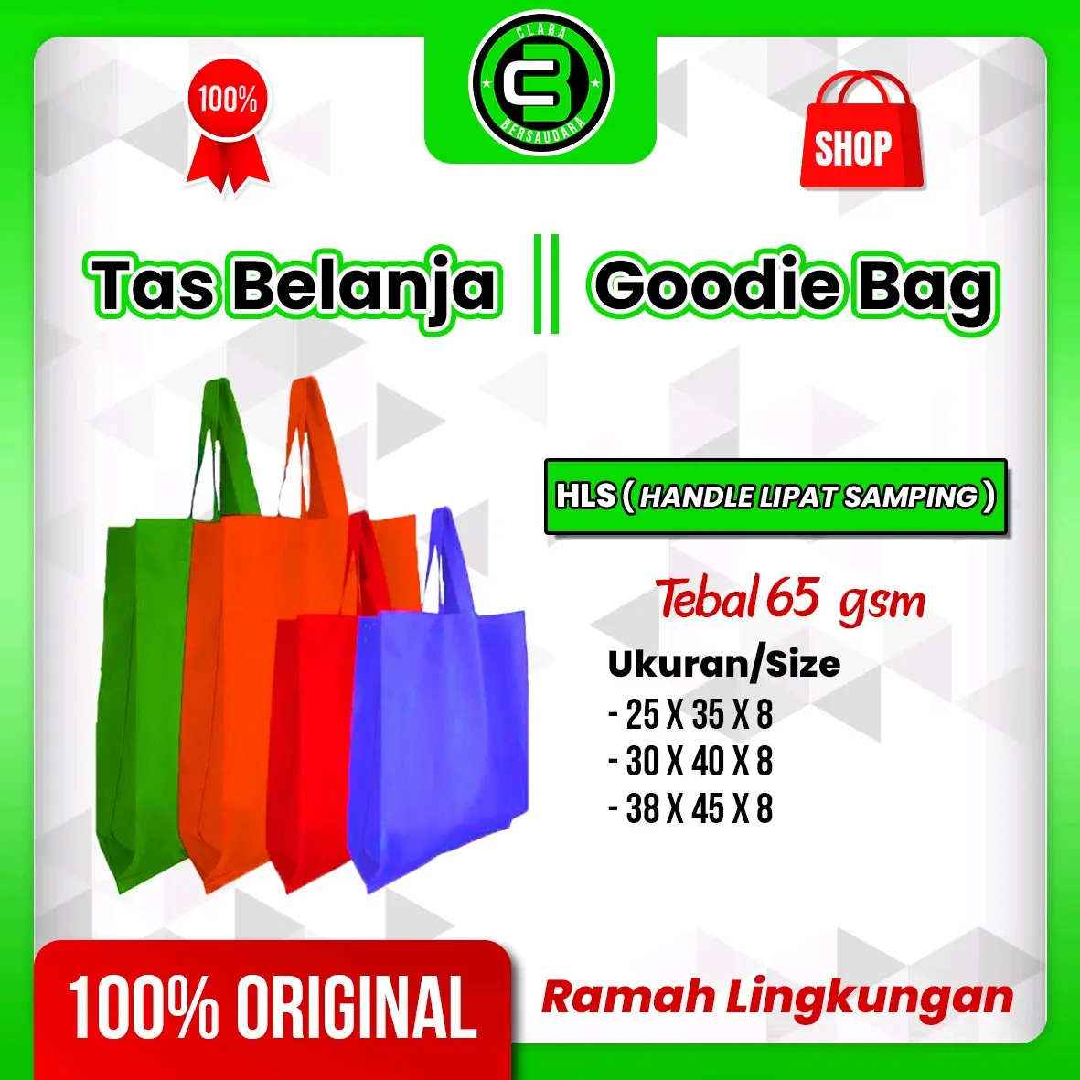 ( Isi 12 Pcs/1 Lusin Ukuran 25 X 35 X 8 cm ) Goodie Bag | Tas Belanja | Tas Souvenir | Tas Hajatan | Tas Ulang Tahun | Spundbond Goodie Bag - HLS Handle Lipat Samping 65GSM spunbond abu\ kresek berkat hajatan
