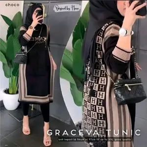 Graceva long tunik knit rajut impor Atasan Wanita Muslim Panjang Dewasa