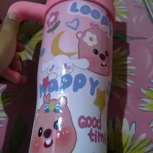 PINKGRADIENT Botol stainless steel 40 ons dengan tutup, desain lapisan ganda Loopy Cartoon Bear Flower Heart Star Moon Rabbit Happy Good Time, cocok untuk bir, dapat digunakan untuk minuman panas dan dingin. Gelas Vacuum