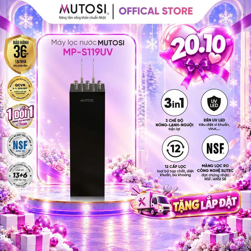 Máy lọc nước nóng lạnh nguội MUTOSI MP-S119UV. Máy có công nghệ làm lạnh block và đèn UV diệt khuẩn