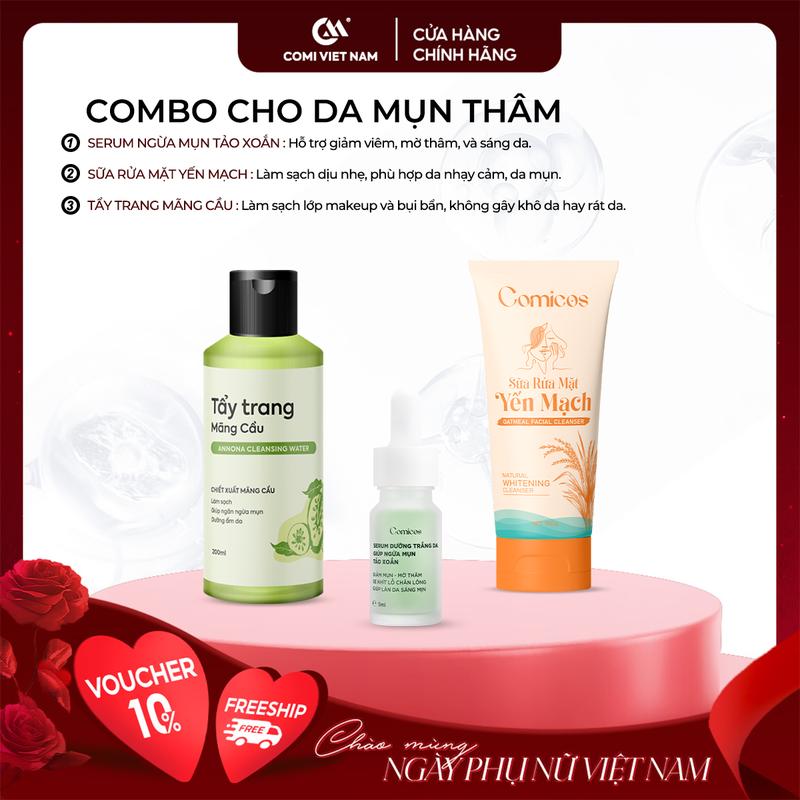 [COMI VIETNAM] Combo 3 Món Chăm Sóc Da Mụn: 1 Serum Mụn Tảo Xoắn (5ml) + 1 Sữa Rửa Mặt Yến  Mạch (100ml) + 1 Nước Tẩy Trang Mãng Cầu (200ml). Hỗ Trợ Sạch Da, Giảm Mụn