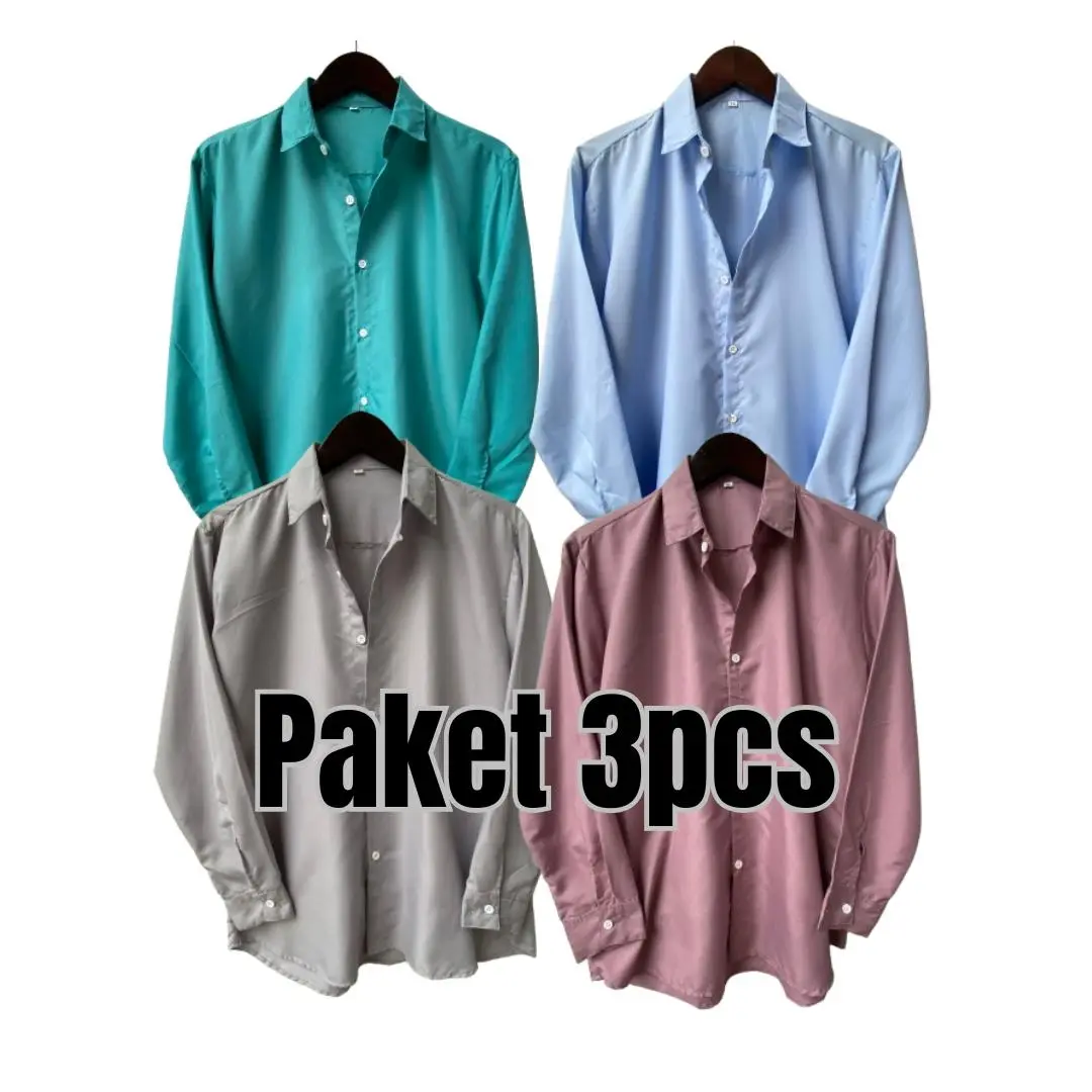 Paket 3 Pcs 90 Ribu Kemeja Wanita Lengan Panjang Baju Atasan Cewek Katun Casual Dewasa Kerja  Oversize
