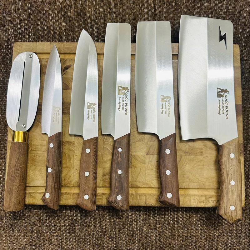Bộ 5 dao cán ốp thép trắng Nhật không han gỉ, cán gỗ mun ốp chốt 3 đinh chắc chắn - Mã 09 (tặng dao bào)