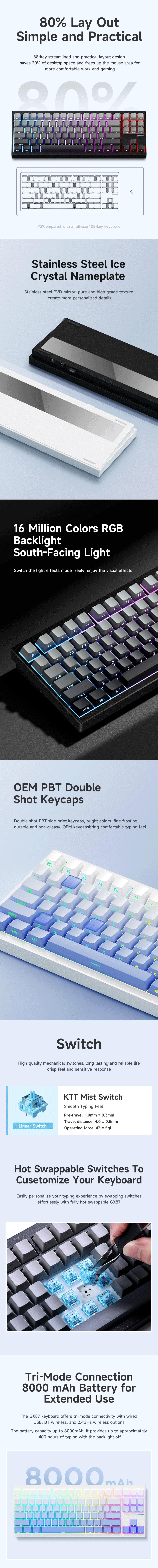 Product Introduction of MCHOSE GX87 Mechanical Keyboard Full Aluminum Tri Mode Bluetooth Wireless Wired Gasket Hot Swappable Customize Black&White For Laptop&Computer&Ipad&Table Gaming Keyboard 8