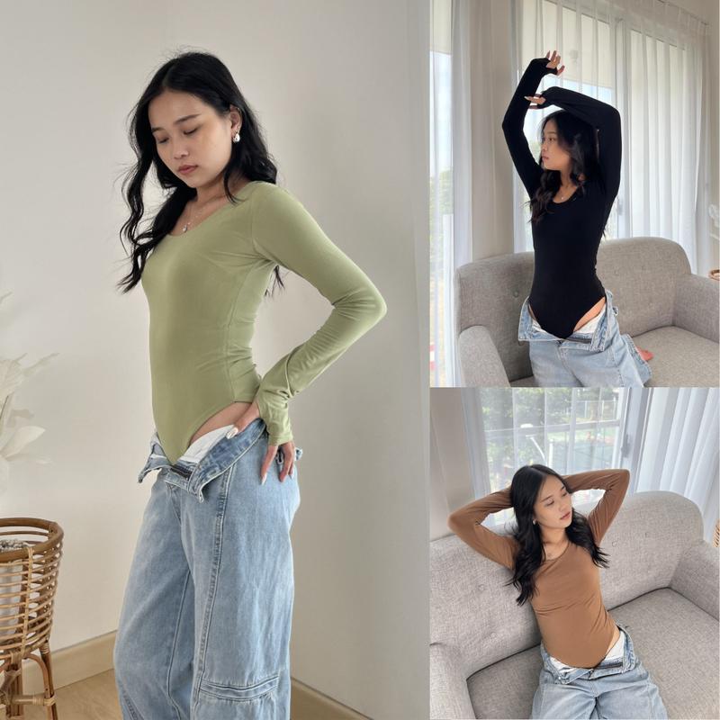 JUNE Bodysuit Wanita Long Sleeve Bodysuit Basic Polos Lengan - Shop ...