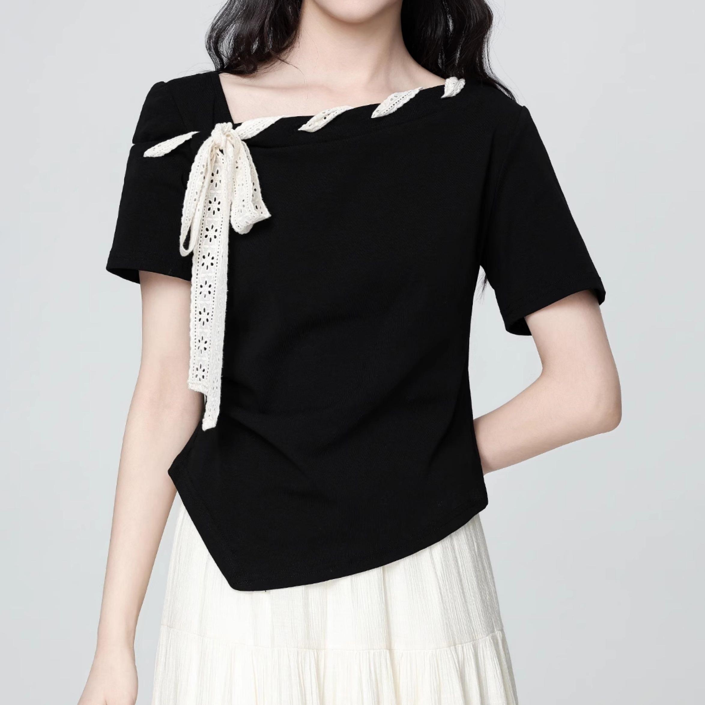 【ARCG】Kaos oblong pendek hitam slim fit untuk wanita seksi gaya street style Ikat pita simpul kupu-kupu