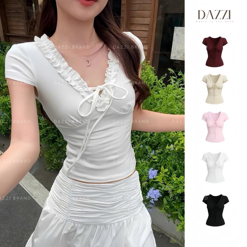 [DEAL MỞ BÁN] Áo thun nữ cổ V nhún bèo thắt nơ chất cotton mịn ôm body DAZZI Women