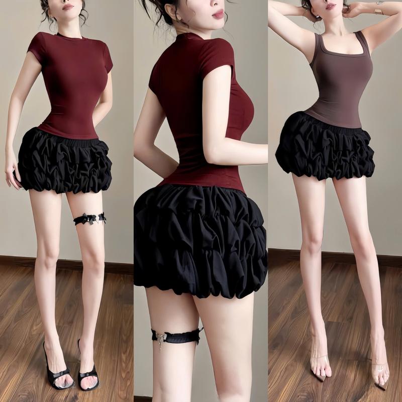 Set Áo thun Phối Chân Váy Bèo Phồng Chất Thun Thiét Kế Áo Có Tay Cổ Tròn Và Áo 3lo Cổ Vuông Sang Chảnh Sành Điệu Cho Nữ