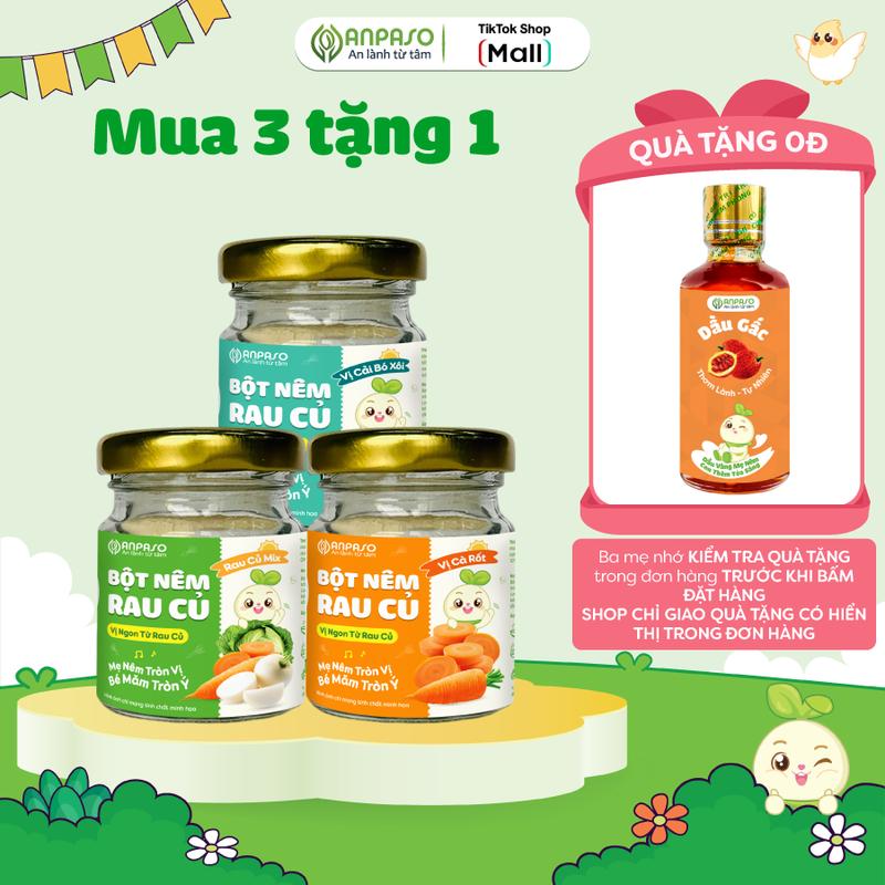 Combo 3 Bột Nêm Cho Bé Ăn Dặm Anpaso Cho Bé - Hạt nêm vị rau củ 60g - Không bổ sung muối, đường tinh luyện trong quá trình sản xuất