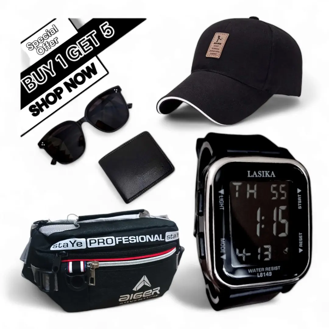 Jam Tangan Digital Anti Air Paket Bundling Beli 1 Dapat 5 Item, Jam Tangan Digital Lasika, Waistbag, Topi, Dompet, Kacamata Stopwatch Watches
