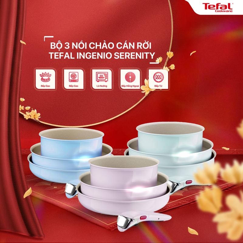  Bộ 3 Nồi Chảo Cán Rời Tefal Ingenio Serenity L828S404 Quánh 20cm Chiên 22cm & 28cm Chống Dính Titanium An Toàn Không PFOA Thermo-Signal Tay Cầm Tháo Rời An Toàn 10kg Dụng Cụ Bếp Màu Hồng 