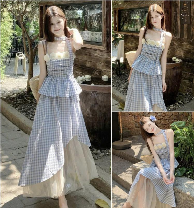 Sét đồ nữ áo lụa caro cúp ngực đính hoa kèm dây quàng cổ và chân váy dáng xòe dài phối lưới dễ thương xinh xắn (có mút)