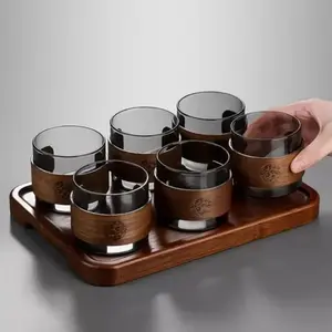 Gelas Kaca Unik Desain Japanese Style Sleeve Kayu Wood Teh Kopi 200 ML
