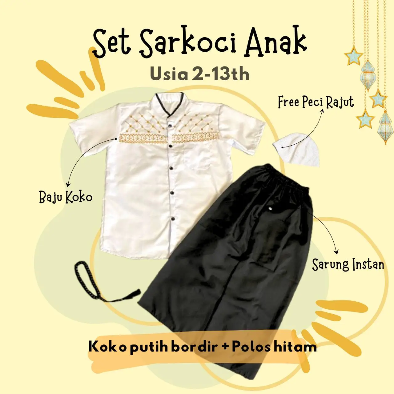 Bordir Putih + Polos Hitam + Peci