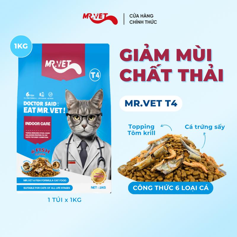   THỨC ĂN CHO MÈO  Hạt Holistic Mr.Vet Thế hệ T4 Túi 1kg Công thức 6 loại cá  Cá ngừ Cá hồi Cá Bonito Cá cơm Cá tuyết cùng Topping Cá trứng và Tôm Krill sấy khô duy trì thể trạng lý tưởng cho mèo ít vận động phù hợp cho mèo mọi lứa tuổi 