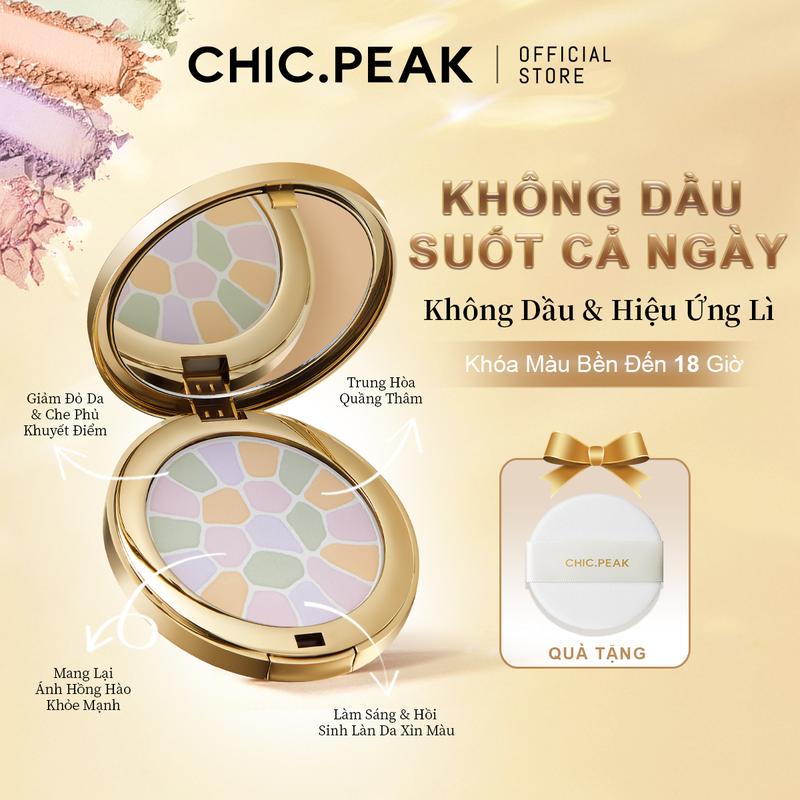 CHIC.PEAK Phấn Nén 4-Trong-1 Chỉnh Màu & Định Hình 9.5G | Kiểm Soát Dầu, Matte | Kết Thúc Mịn & Làm Mờ Khuyết Điểm | Lâu Trôi 18 Giờ | Làn Da Hoàn Hảo | Có Gương Đi Kèm