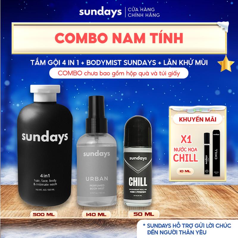 TẶNG NƯỚC HOA Combo Nam Tính Sữa Tắm Gội Rửa Vệ Sinh Nam 4in1 Sundays 500ml + Bodymist Nam Xịt Body Miss Nam 140ml+ Xịt Thơm Toàn Thân 140ml+ Nước Hoa Vùng Kín Nam 5ml