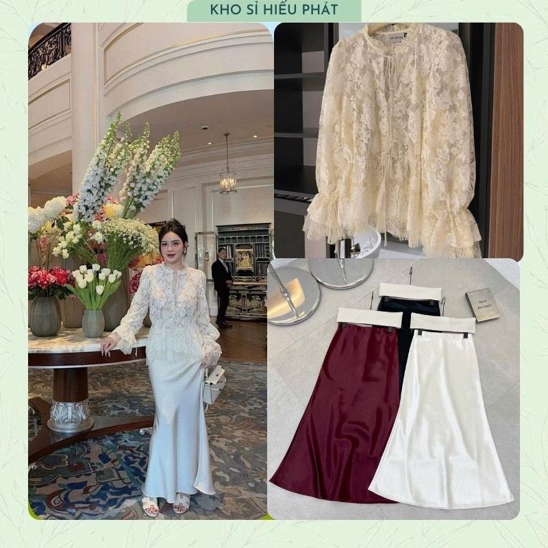   Sẵn Hàng Đi Luôn- Tặng Áo Dây  Sét Áo Ren Hoa Kem Tay Loe Phối Chân Váy Lụa Ngọc Trai Đuôi Cá Sang Chảnh by HP 