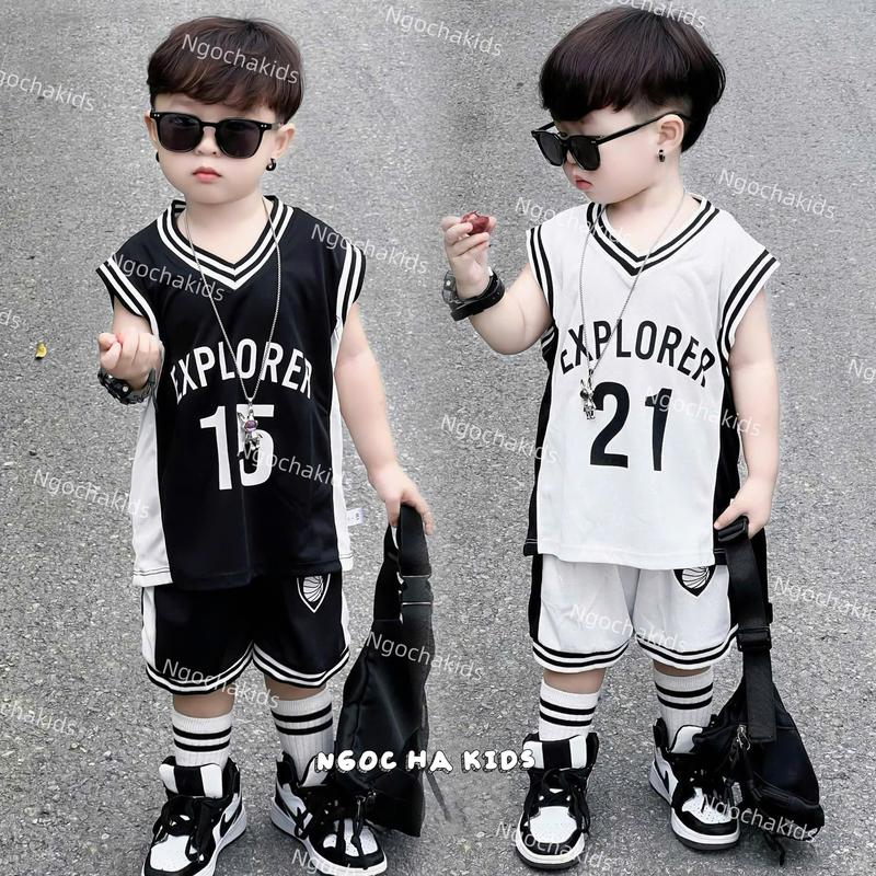 Bộ quần áo hè 3 lỗ EXPLORER số thể thao Bóng Rổ chất vải thông hơi thoáng mát cho bé trai mặc nhà đi chơi size 8-28kg