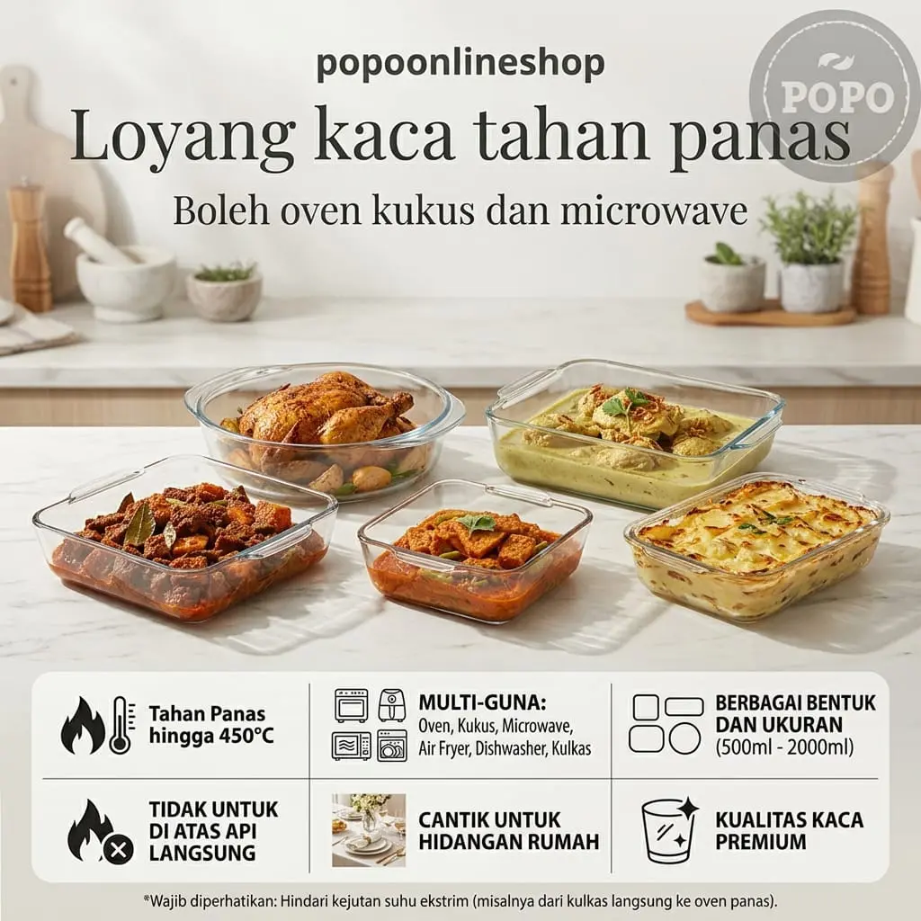 Piring Loyang Kaca Bake Borosilica Oval, Kotak, Persegi Panjang Bulat