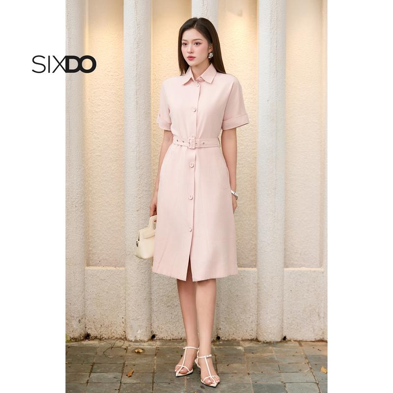 Đầm hồng nhạt ngắn tay cổ đức SIXDO Light Pink Woven Flared Dress