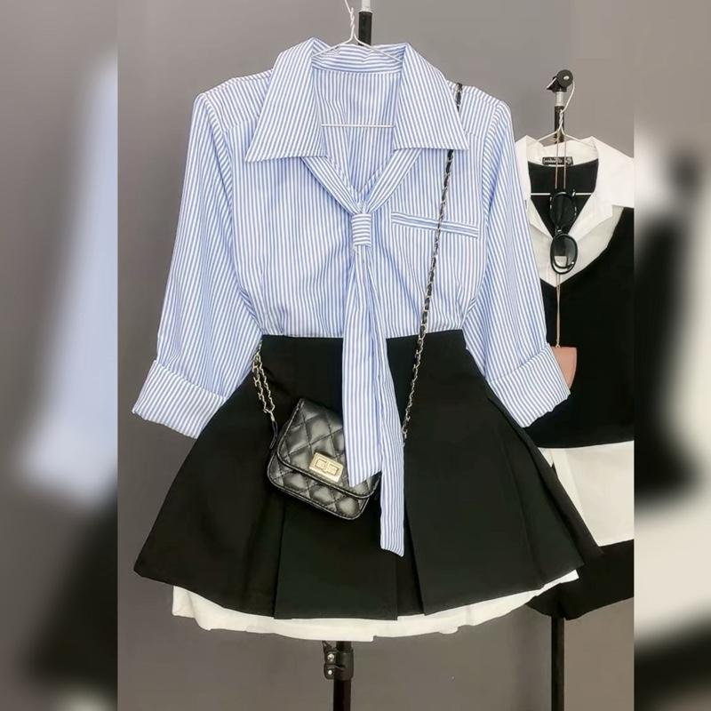 23 12 Sét bigsize nữ áo sơ mi cavat trẻ trung kèm chân váy phối ren vải lụa chéo hàn mềm mại kèm váy phôi ren nhẹ nhàng trẻ trung cho nữ có bigsize 50-93kg SM168 CV421 có bán lẻ Đậu bigsize