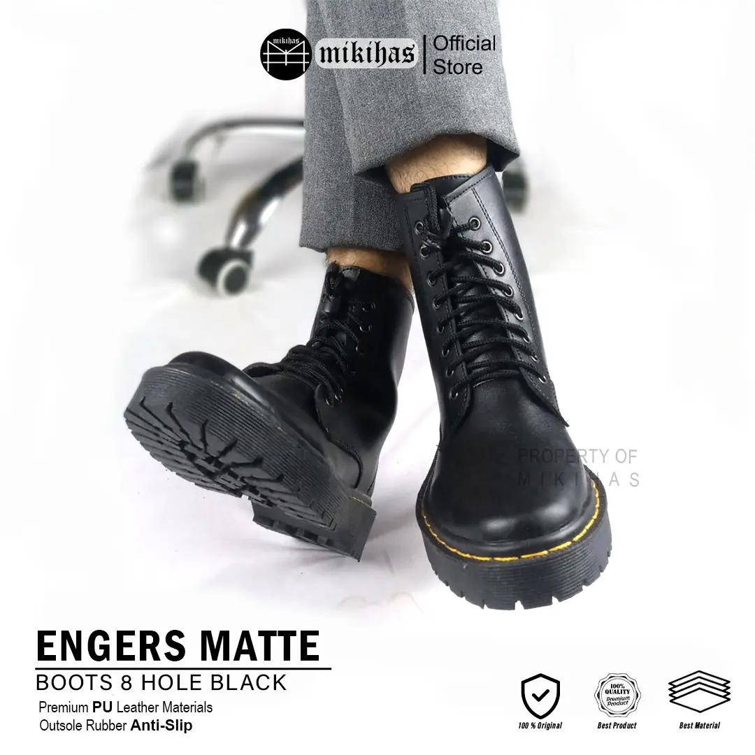 Mikihas Engers Matte - Sepatu Boots Pria Kulit Hitam Dockmart Shoes 8 Hole Sol Karet