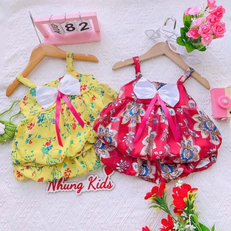 (7-12kg)Bộ bí áo dây có nơ,quần bí chất vải voan cho bé gái dưới 3 tuổi