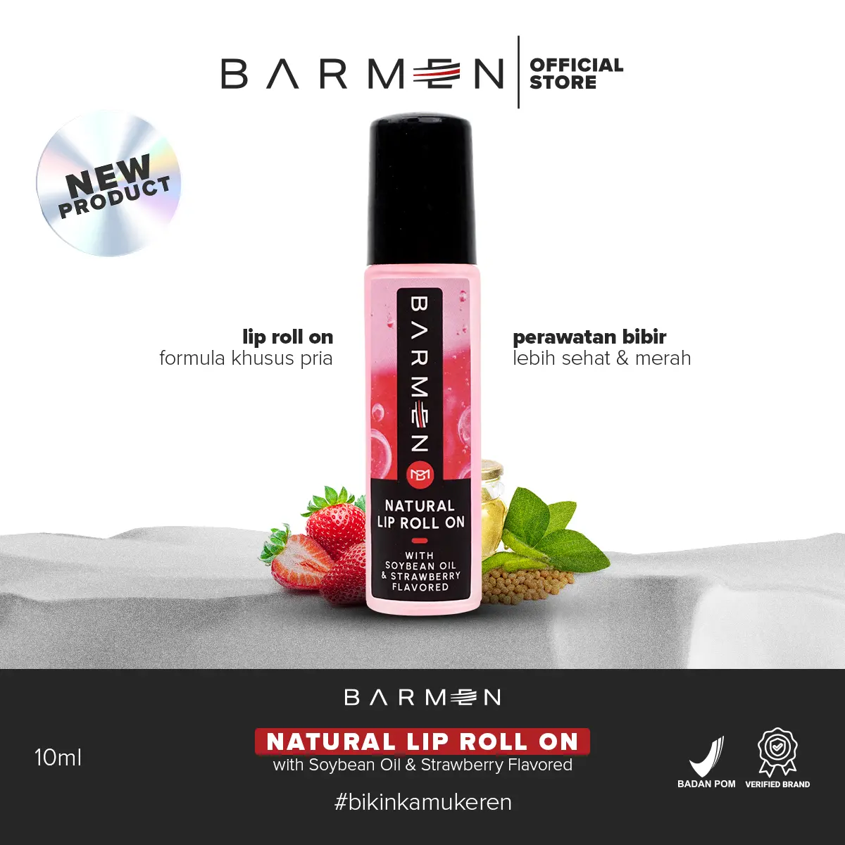 New BARMEN Natural Lip Roll On With Soybean Oil & Strawberry Flavored - Perawatan Bibir Pria Untuk Bibir Hitam Kering dan Pecah - Pecah