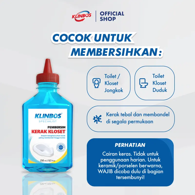 [PROMO STOK TERAKHIR] KLINBOS "KERAK KLOSET" - Pembersih Noda & Pembersih Kerak WC / Toilet / Kloset Cairan BIRU untuk Kerak Membandel Pada WC Dapat Tutup Merah Lancip 2