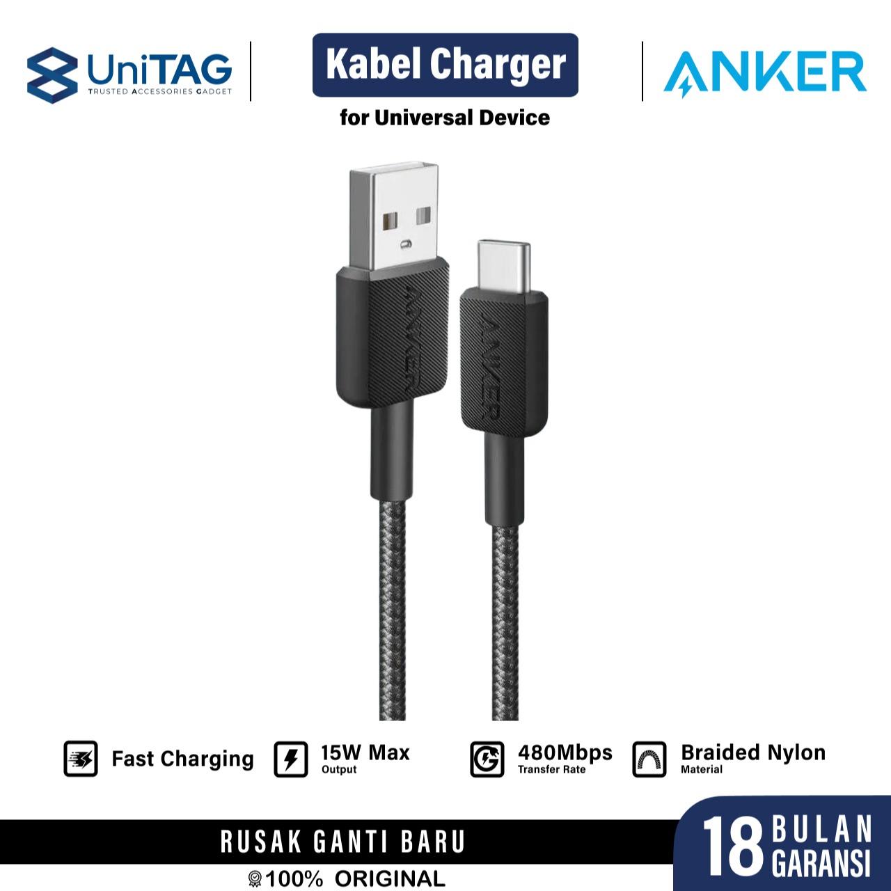 Anker Kabel Charger USB C - USB A 15W Braided 0.9m 322 Powerline - Black A81H5H11