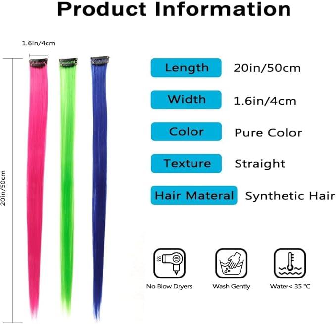 Coloured Hair Extensions,12 Pcs Rainbow Hair Extensions,Colored Clip In Hair Extension,Colorful Party Highlights Hair Synthetic Hairpieces,20 Inch Colorful Long Straight Hair Wig 4