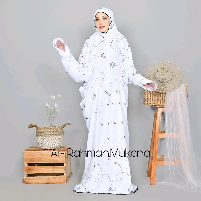 Ar-Rahman - Mukena Terusan Dewasa Bordir  Bunga Elmira Katun Premium Mewah Cantik 5