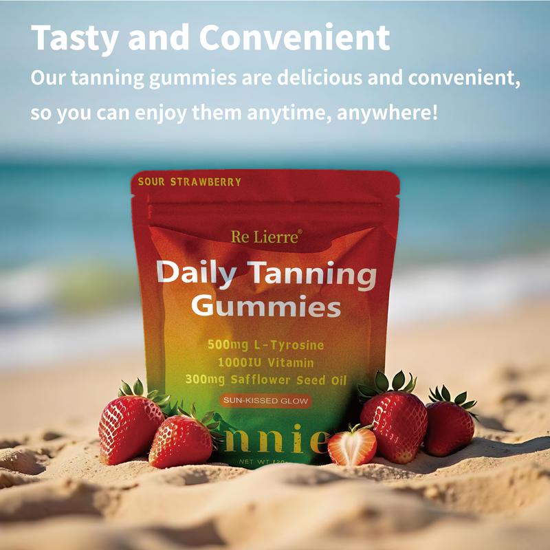 Product Introduction of Tanning Gummy, with L-tyrosine, Vitamin D+E, Beta-carotene, & Safflower Seed Oil for Skin Health & Glow, Vegan, Non-GMO, Sour Strawberry Flavor 40 gummies, Accelarate Tanning Process Supplement Dietary Healthcare Fitness Edible Beauty Optimum 3